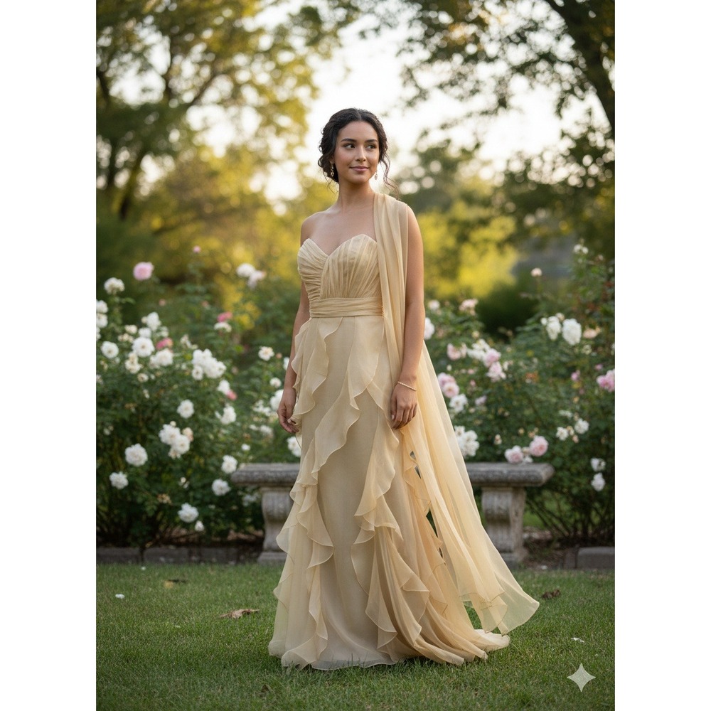 Badgley Mischka Collection‎ retroGold Silk Ruffle Gown with Scarf PromSize 12